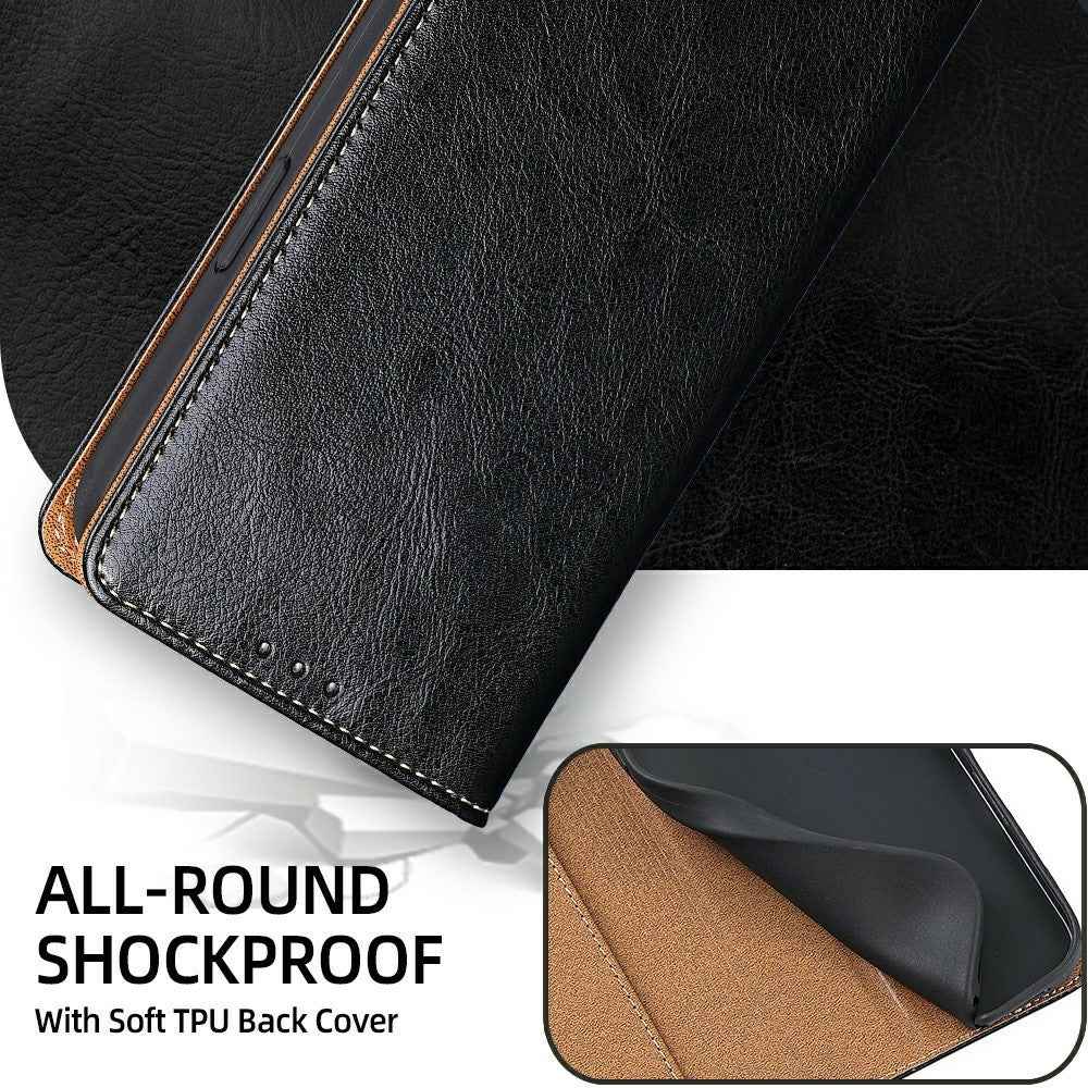 For Xiaomi 17 Pro Case Genuine Cow Leather Stand Mobile Phone Cover with RFID Blocking Wallet - Black