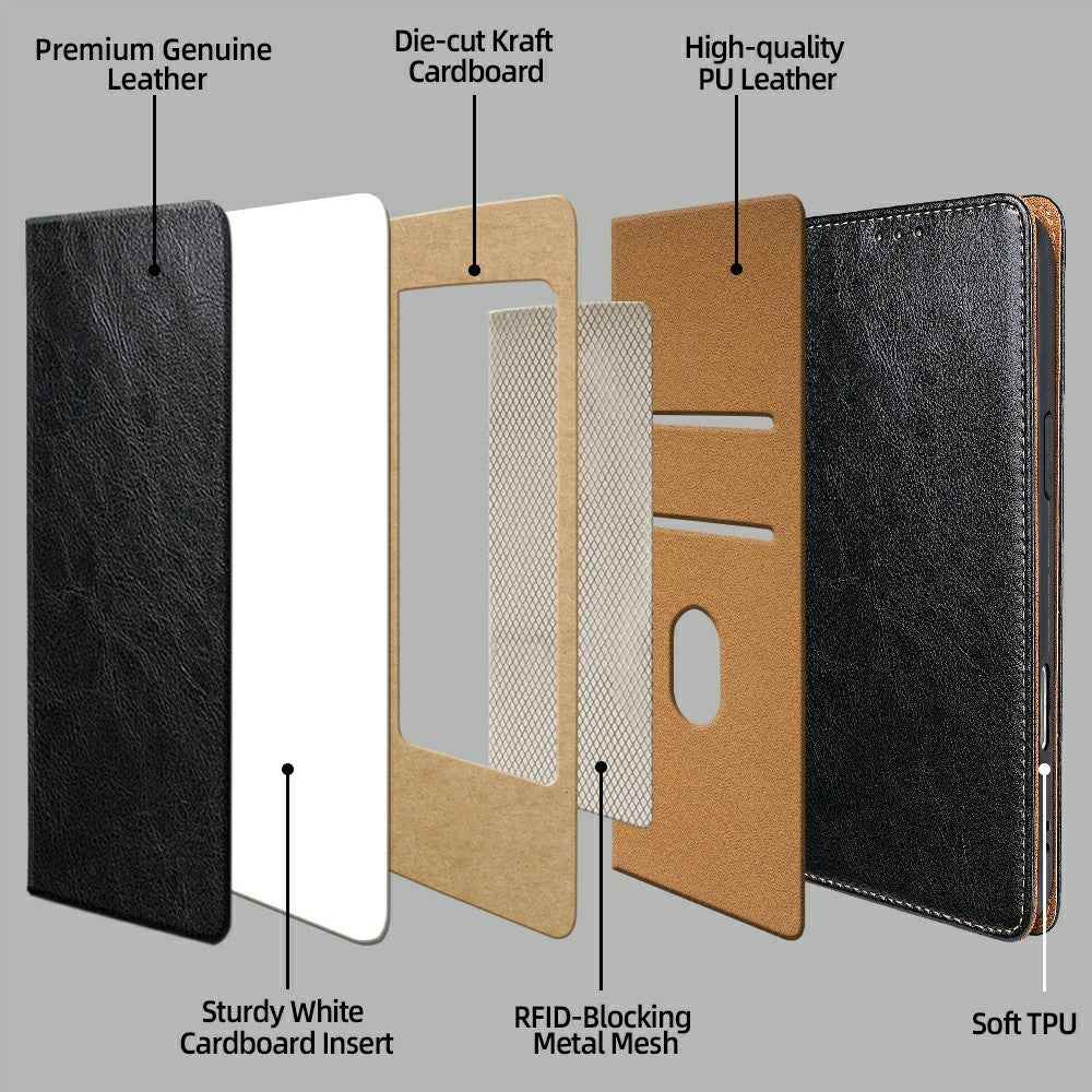 For Xiaomi 17 Pro Case Genuine Cow Leather Stand Mobile Phone Cover with RFID Blocking Wallet - Black