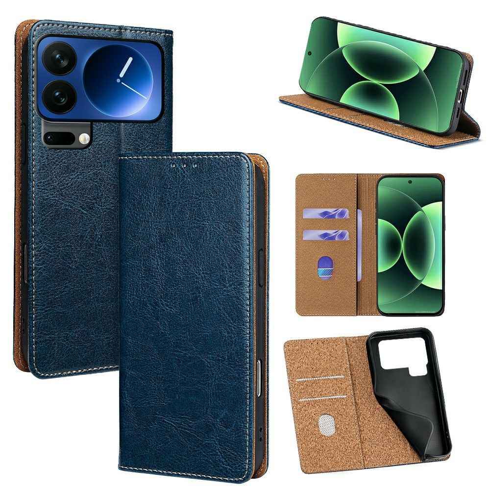 For Xiaomi 17 Pro Case Genuine Cow Leather Stand Mobile Phone Cover with RFID Blocking Wallet - Blue