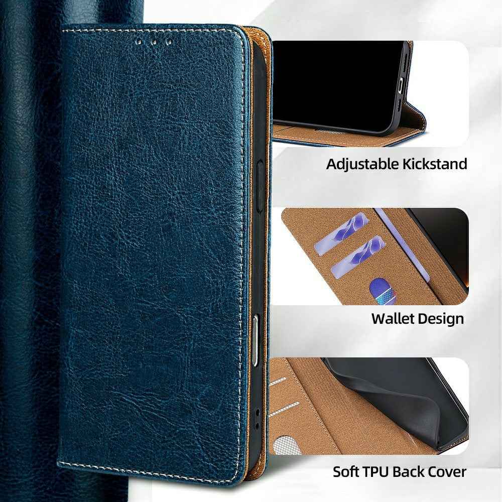 For Xiaomi 17 Pro Case Genuine Cow Leather Stand Mobile Phone Cover with RFID Blocking Wallet - Blue