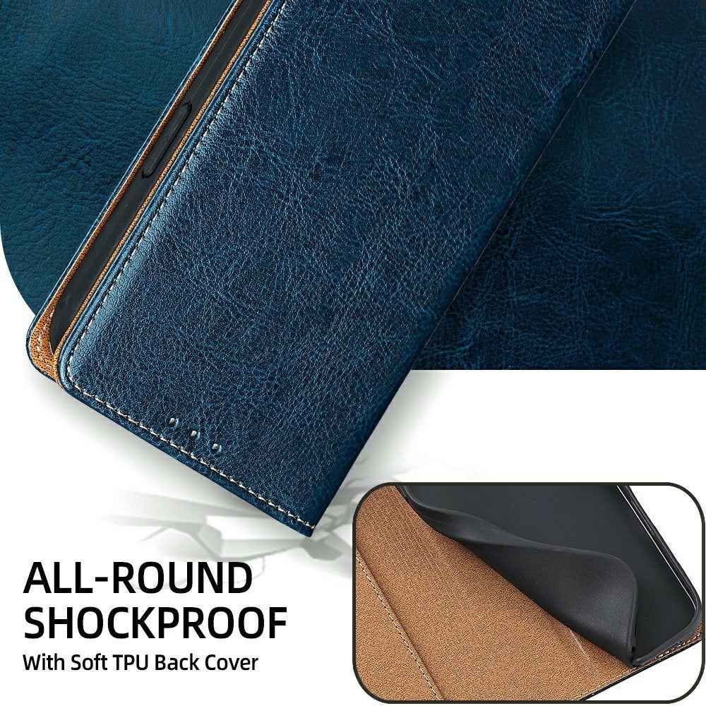 For Xiaomi 17 Pro Case Genuine Cow Leather Stand Mobile Phone Cover with RFID Blocking Wallet - Blue