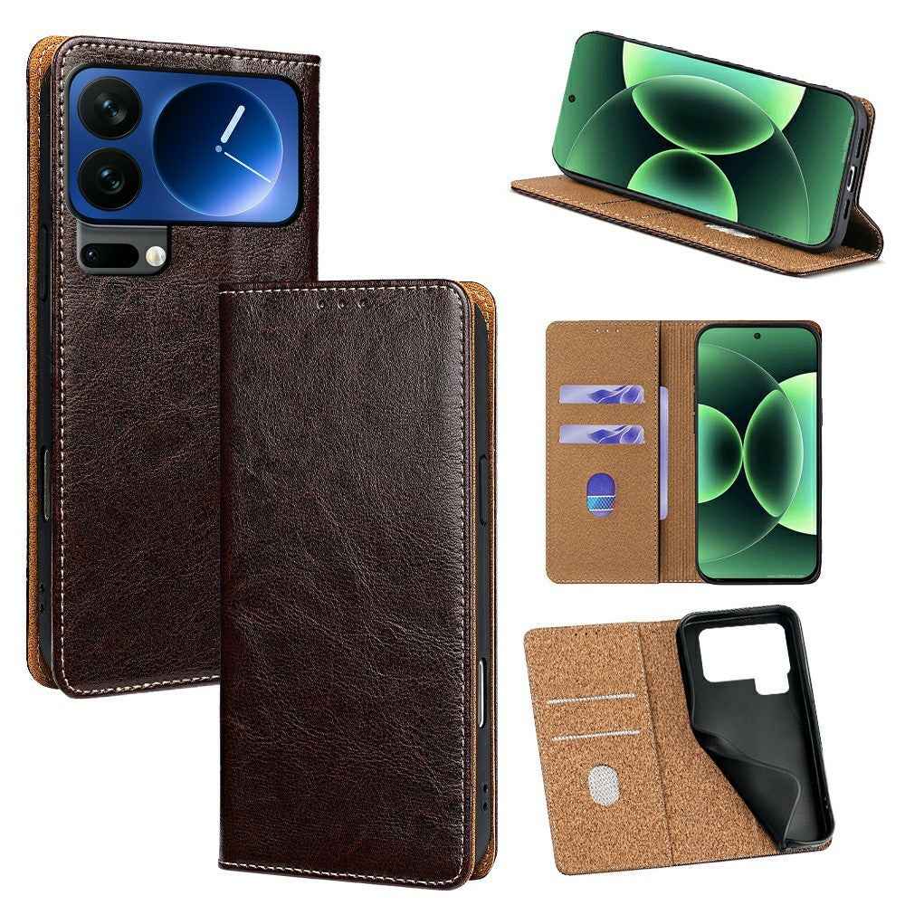 For Xiaomi 17 Pro Case Genuine Cow Leather Stand Mobile Phone Cover with RFID Blocking Wallet - Dark Brown