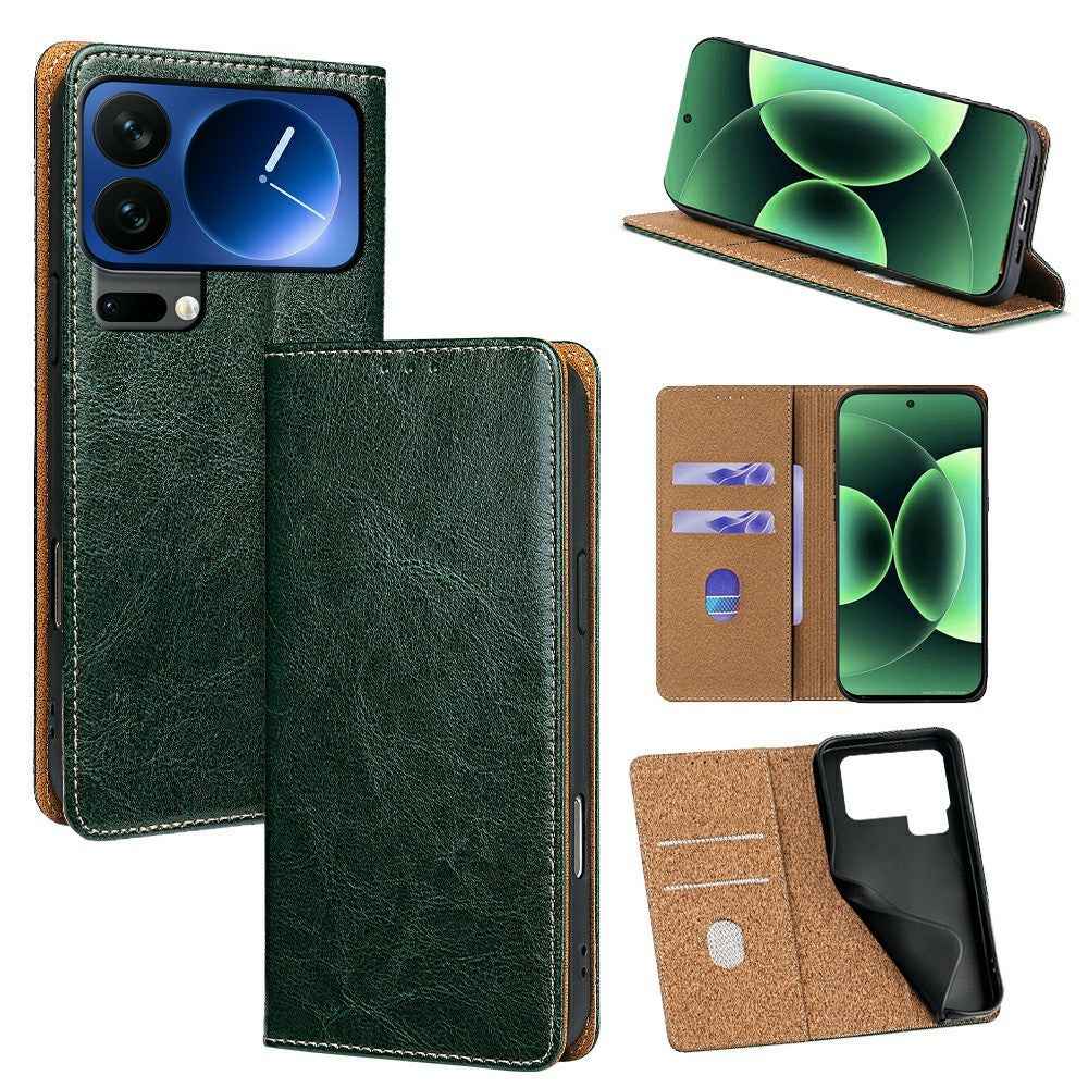 For Xiaomi 17 Pro Case Genuine Cow Leather Stand Mobile Phone Cover with RFID Blocking Wallet - Green