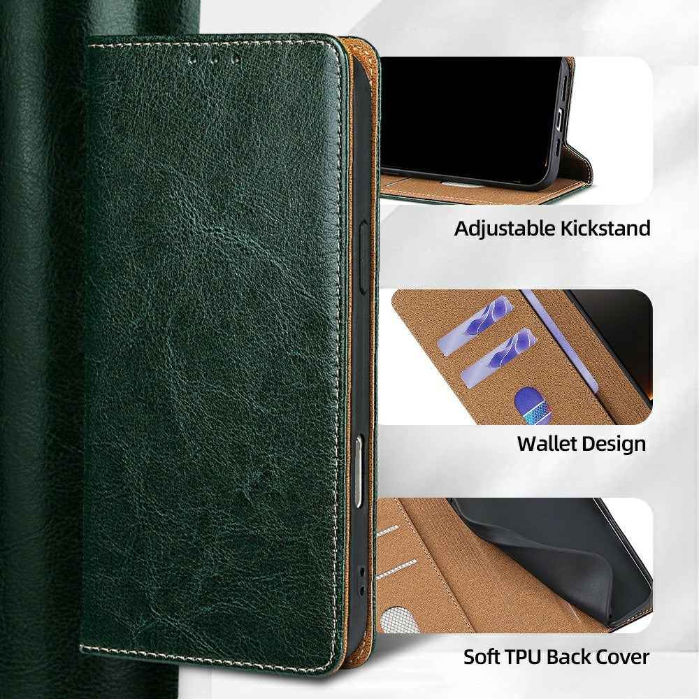 For Xiaomi 17 Pro Case Genuine Cow Leather Stand Mobile Phone Cover with RFID Blocking Wallet - Green