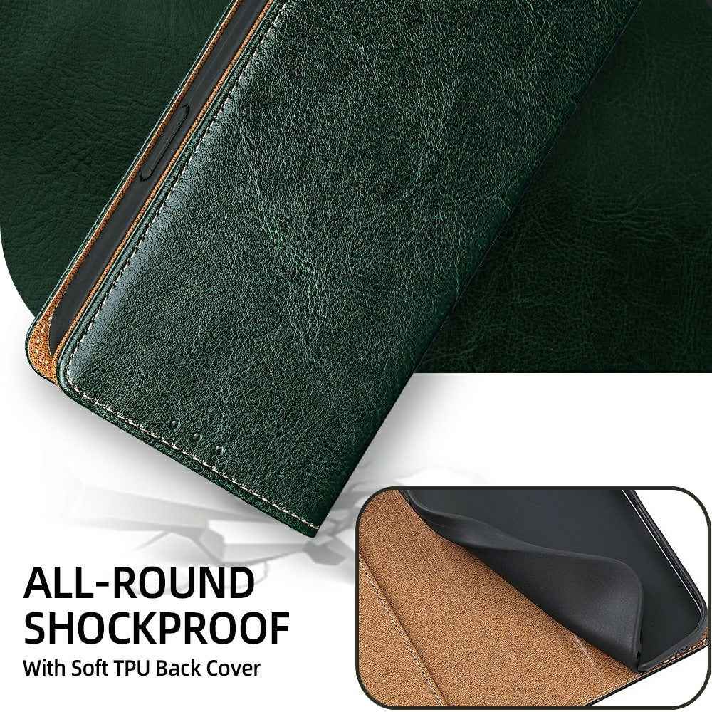 For Xiaomi 17 Pro Case Genuine Cow Leather Stand Mobile Phone Cover with RFID Blocking Wallet - Green