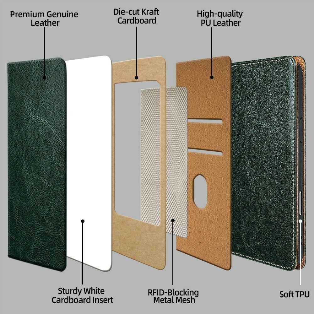 For Xiaomi 17 Pro Case Genuine Cow Leather Stand Mobile Phone Cover with RFID Blocking Wallet - Green