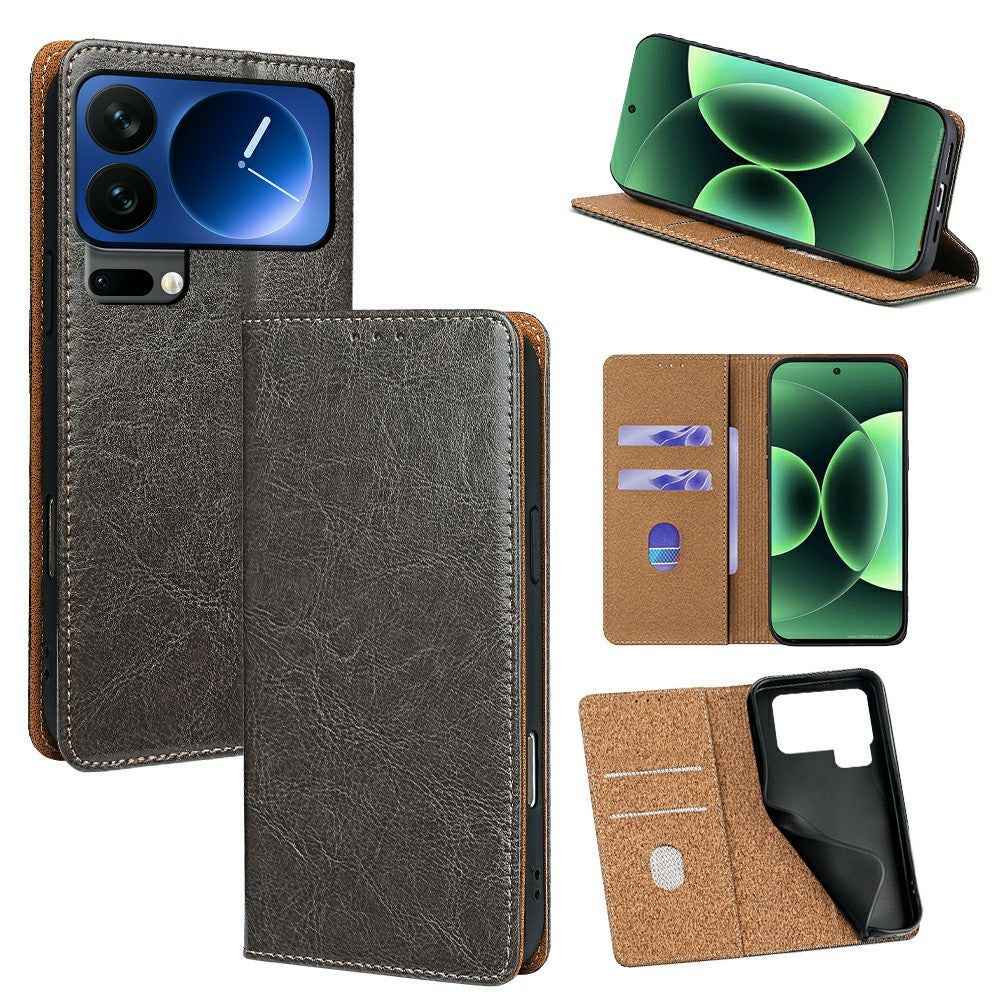 For Xiaomi 17 Pro Case Genuine Cow Leather Stand Mobile Phone Cover with RFID Blocking Wallet - Grey