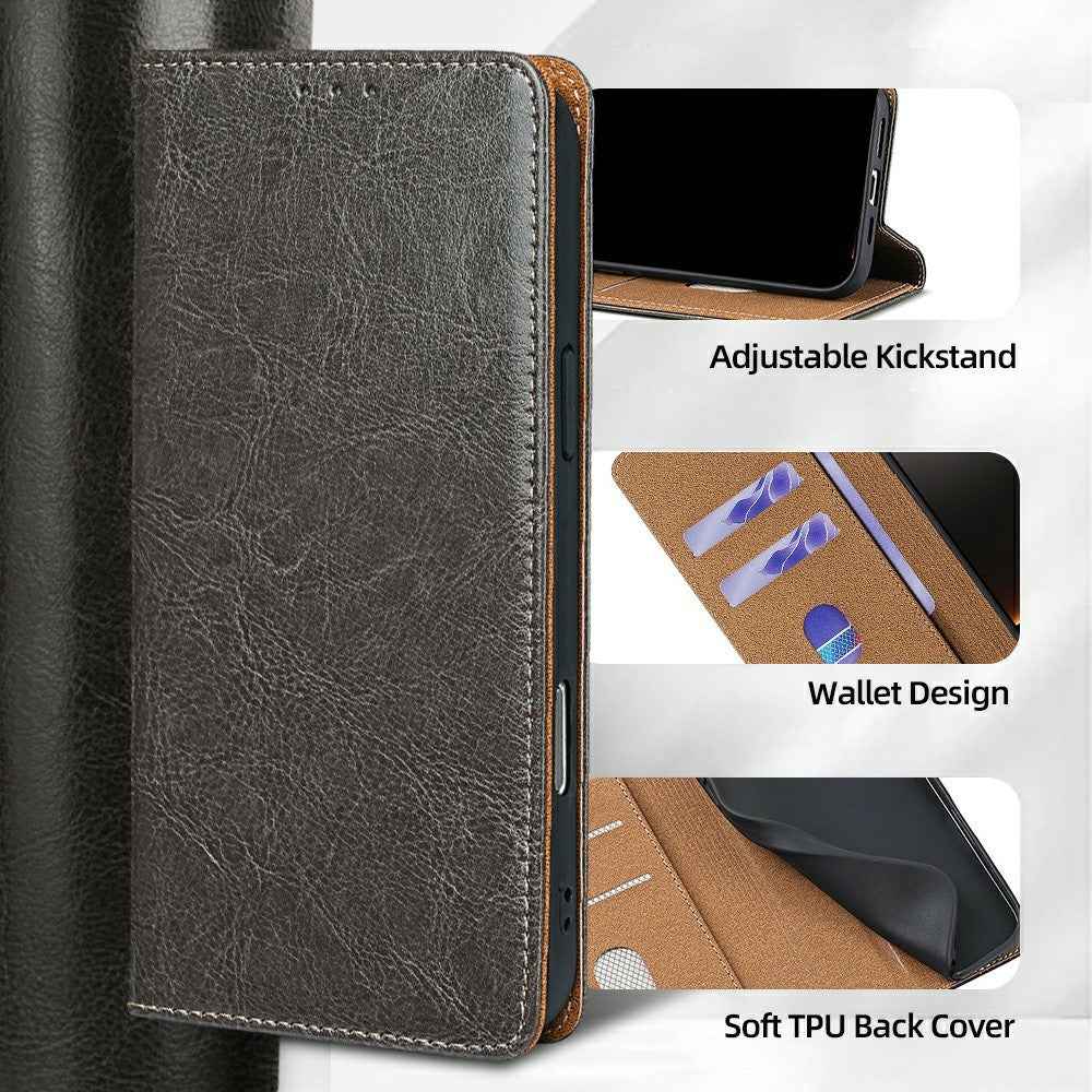 For Xiaomi 17 Pro Case Genuine Cow Leather Stand Mobile Phone Cover with RFID Blocking Wallet - Grey
