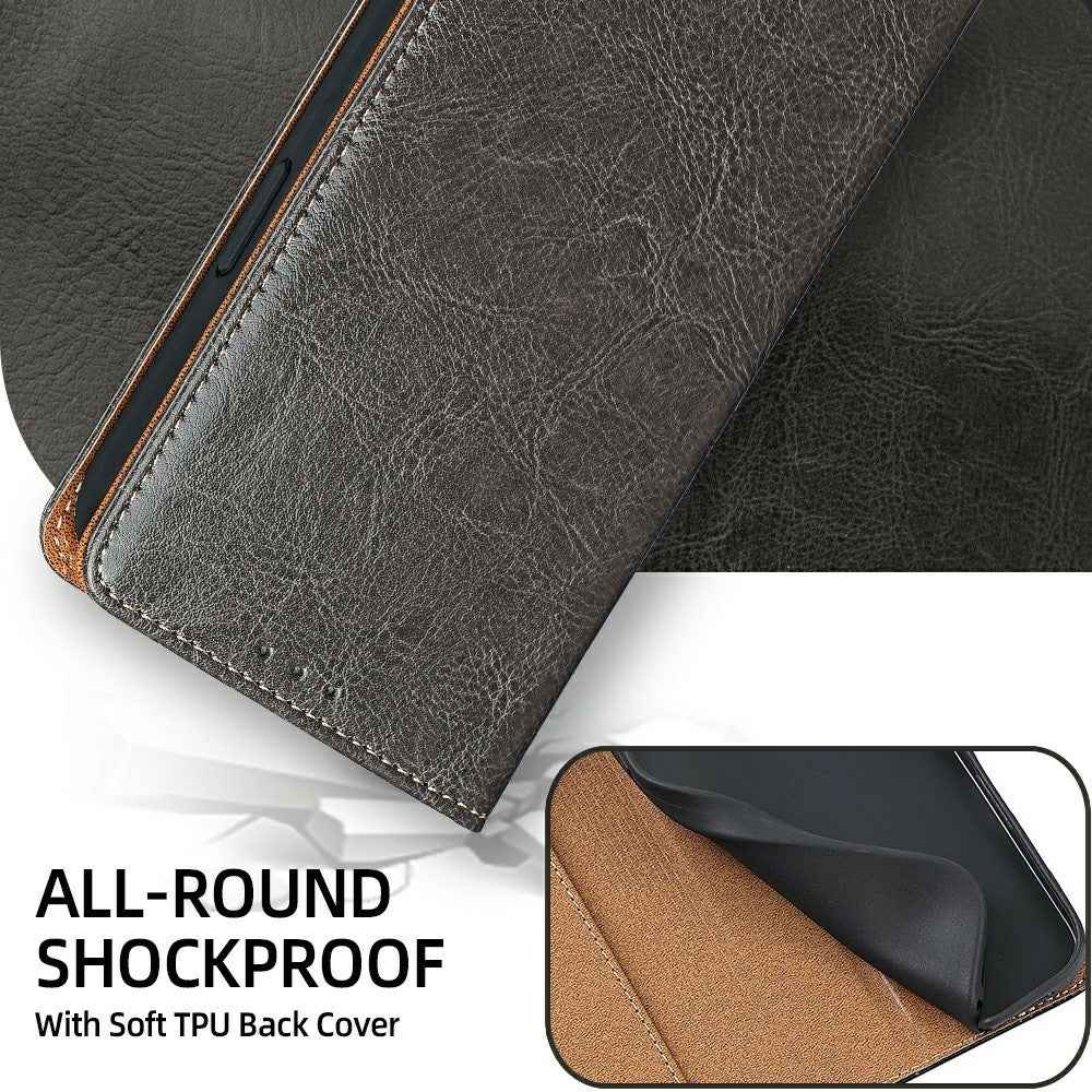 For Xiaomi 17 Pro Case Genuine Cow Leather Stand Mobile Phone Cover with RFID Blocking Wallet - Grey