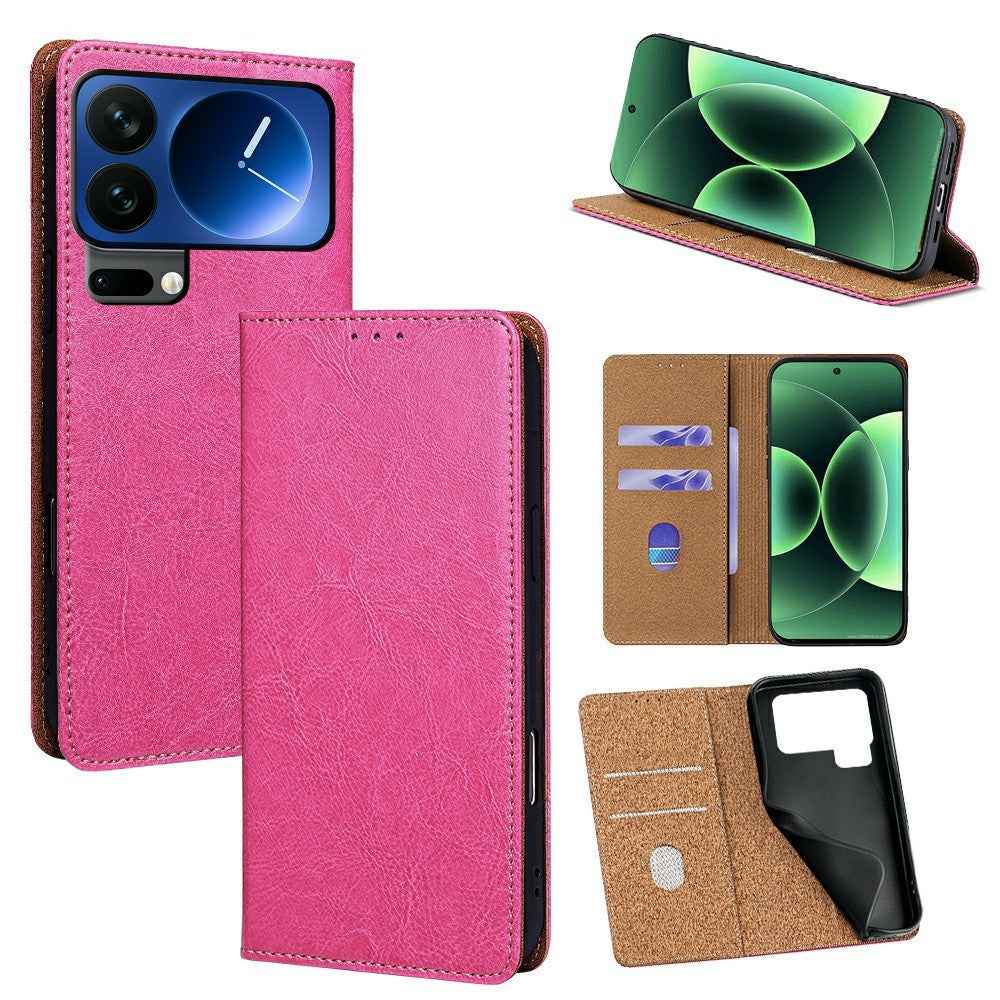 For Xiaomi 17 Pro Case Genuine Cow Leather Stand Mobile Phone Cover with RFID Blocking Wallet - Rose
