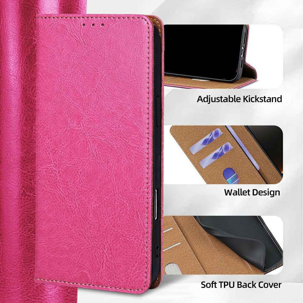 For Xiaomi 17 Pro Case Genuine Cow Leather Stand Mobile Phone Cover with RFID Blocking Wallet - Rose