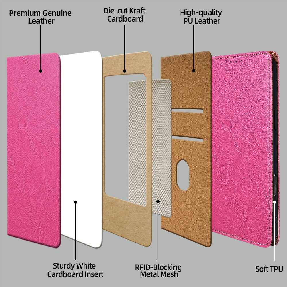 For Xiaomi 17 Pro Case Genuine Cow Leather Stand Mobile Phone Cover with RFID Blocking Wallet - Rose