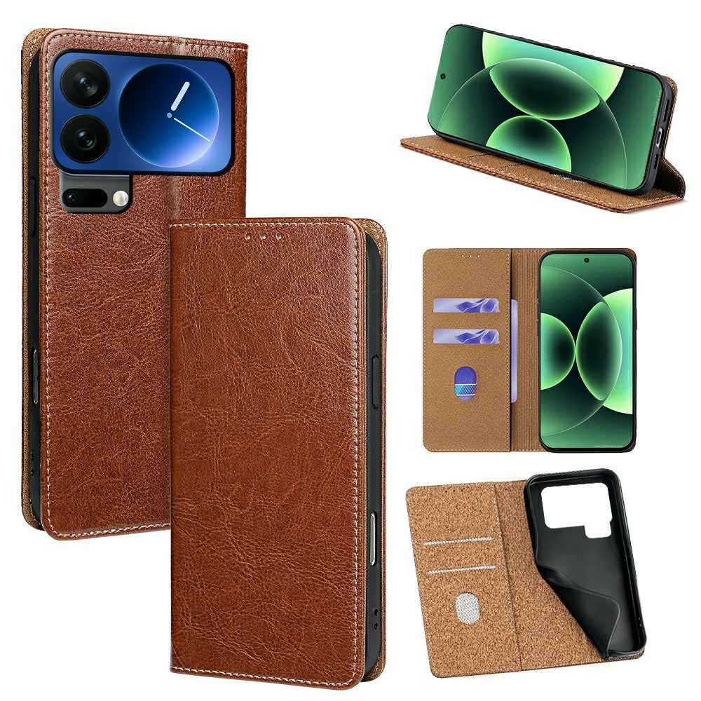 For Xiaomi 17 Pro Case Genuine Cow Leather Stand Mobile Phone Cover with RFID Blocking Wallet - Light Brown