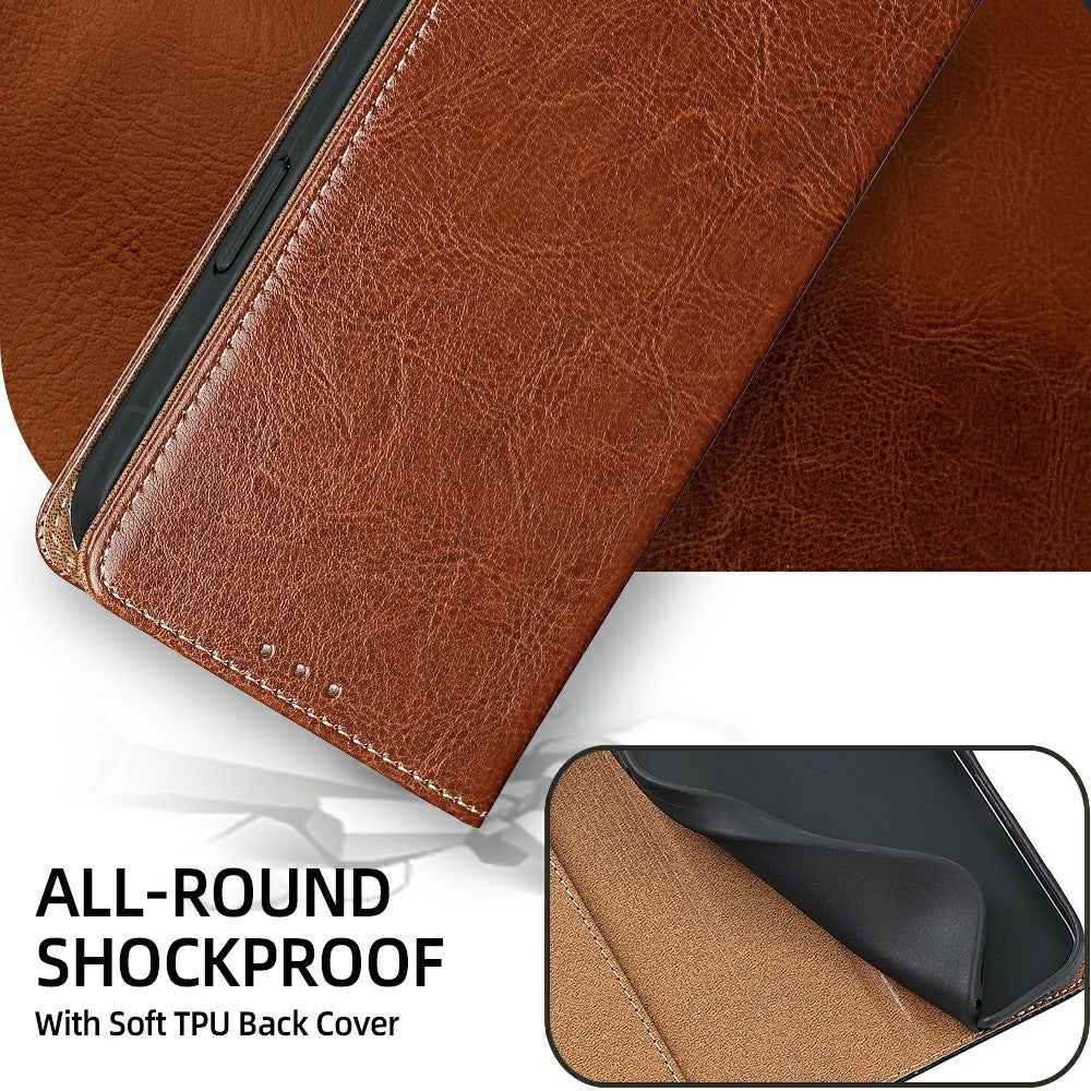 For Xiaomi 17 Pro Case Genuine Cow Leather Stand Mobile Phone Cover with RFID Blocking Wallet - Light Brown