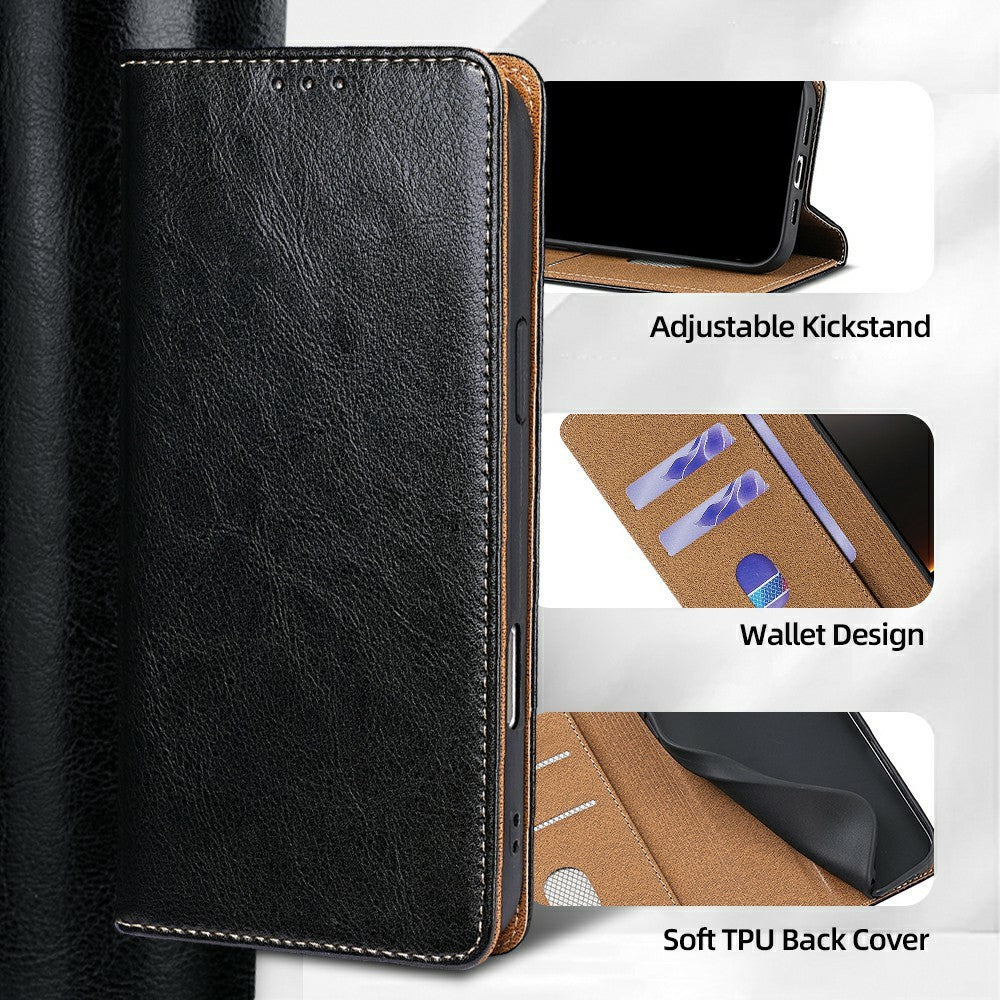 For Xiaomi 17 Pro Max Case Genuine Cow Leather Stand Mobile Phone Cover with RFID Blocking Wallet - Black