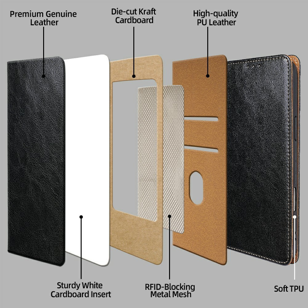 For Xiaomi 17 Pro Max Case Genuine Cow Leather Stand Mobile Phone Cover with RFID Blocking Wallet - Black