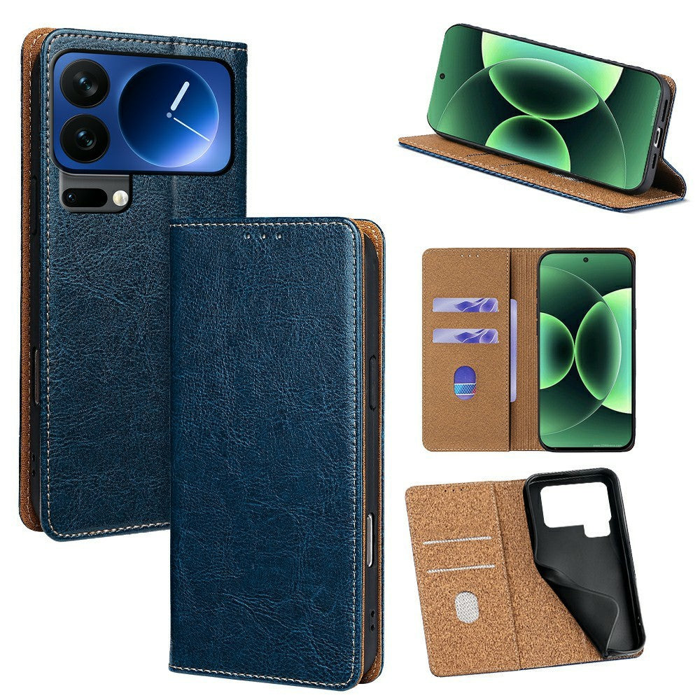 For Xiaomi 17 Pro Max Case Genuine Cow Leather Stand Mobile Phone Cover with RFID Blocking Wallet - Blue