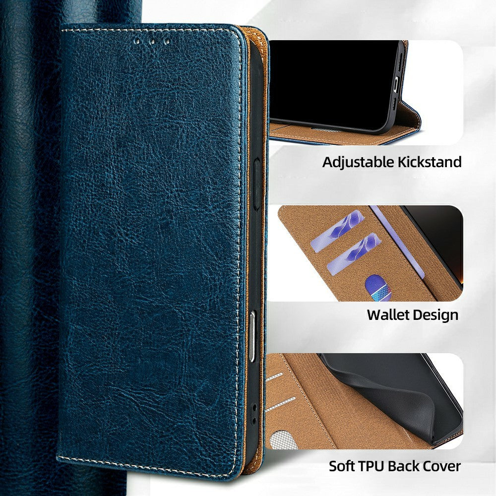 For Xiaomi 17 Pro Max Case Genuine Cow Leather Stand Mobile Phone Cover with RFID Blocking Wallet - Blue