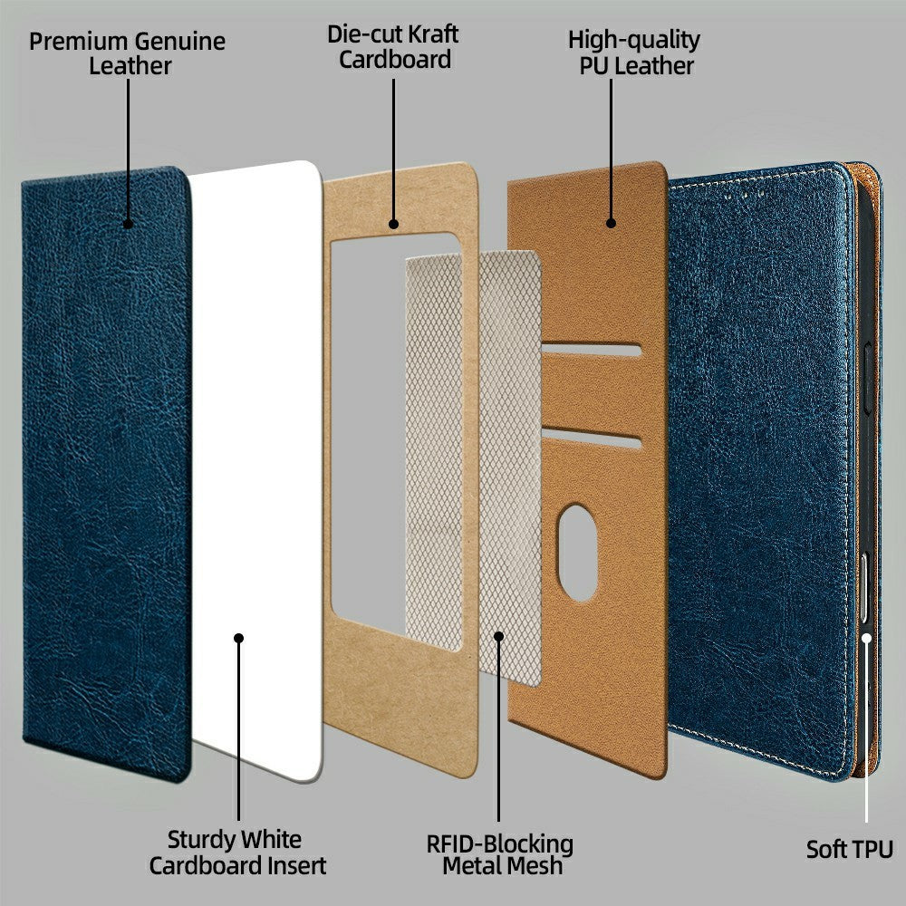 For Xiaomi 17 Pro Max Case Genuine Cow Leather Stand Mobile Phone Cover with RFID Blocking Wallet - Blue
