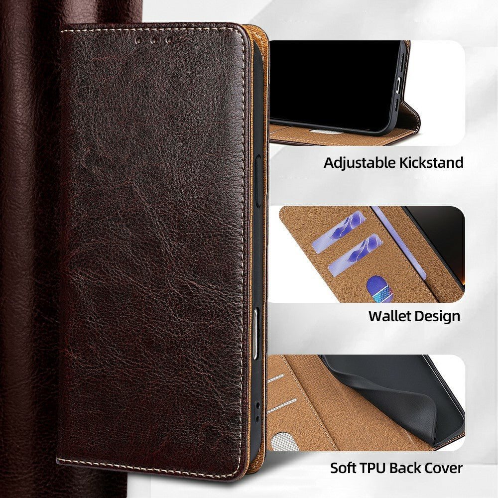 For Xiaomi 17 Pro Max Case Genuine Cow Leather Stand Mobile Phone Cover with RFID Blocking Wallet - Dark Brown