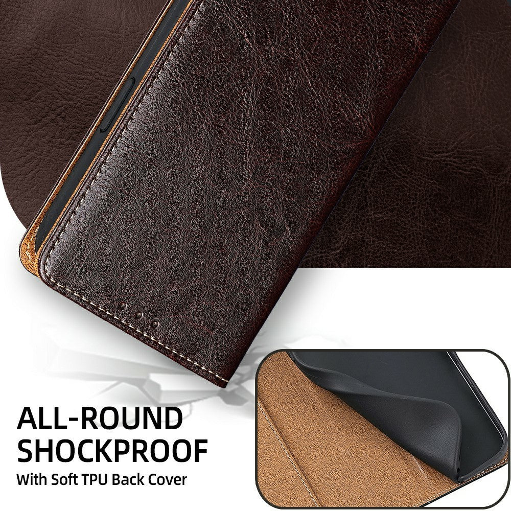 For Xiaomi 17 Pro Max Case Genuine Cow Leather Stand Mobile Phone Cover with RFID Blocking Wallet - Dark Brown