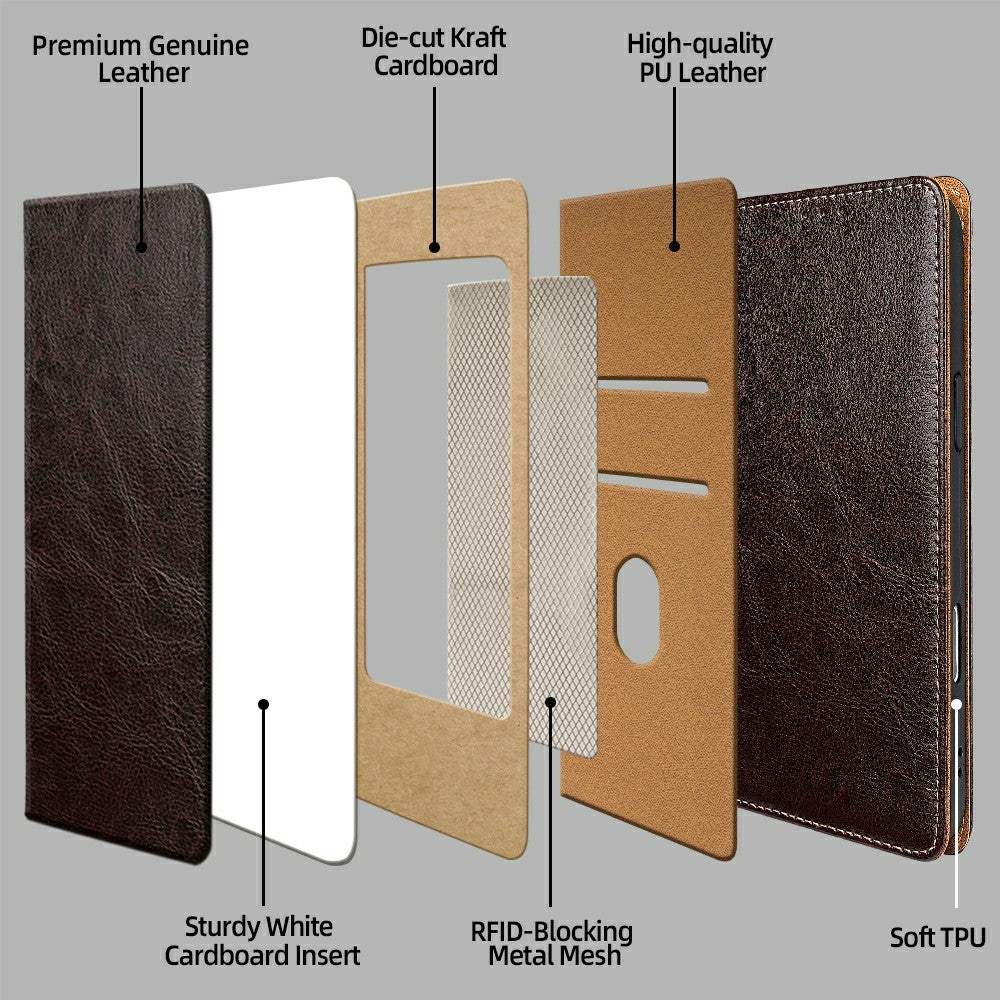 For Xiaomi 17 Pro Max Case Genuine Cow Leather Stand Mobile Phone Cover with RFID Blocking Wallet - Dark Brown