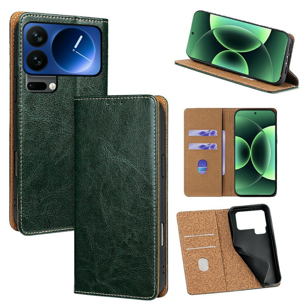 For Xiaomi 17 Pro Max Case Genuine Cow Leather Stand Mobile Phone Cover with RFID Blocking Wallet - Green