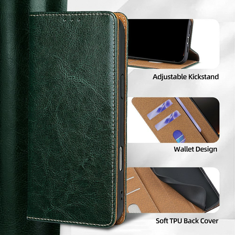 For Xiaomi 17 Pro Max Case Genuine Cow Leather Stand Mobile Phone Cover with RFID Blocking Wallet - Green