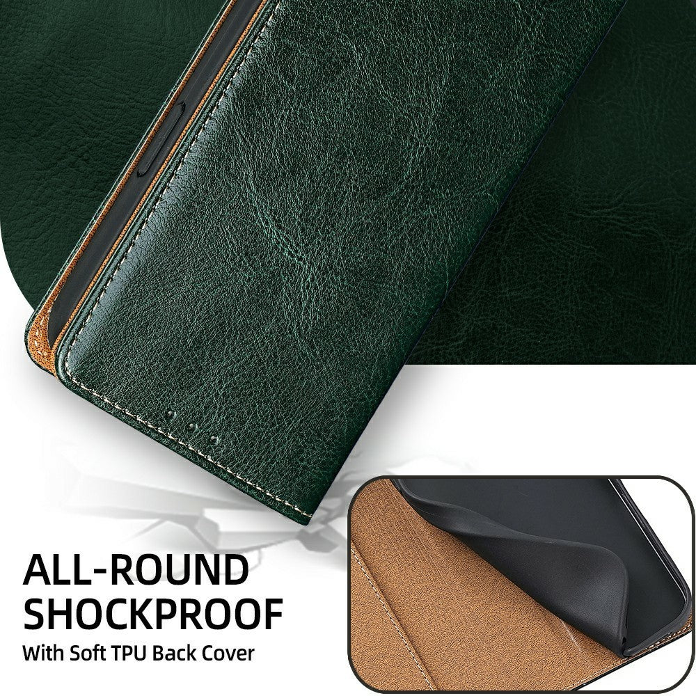 For Xiaomi 17 Pro Max Case Genuine Cow Leather Stand Mobile Phone Cover with RFID Blocking Wallet - Green