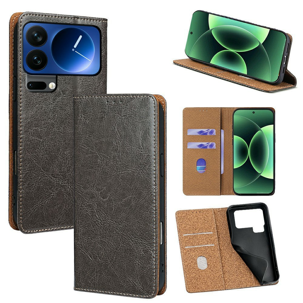 For Xiaomi 17 Pro Max Case Genuine Cow Leather Stand Mobile Phone Cover with RFID Blocking Wallet - Grey