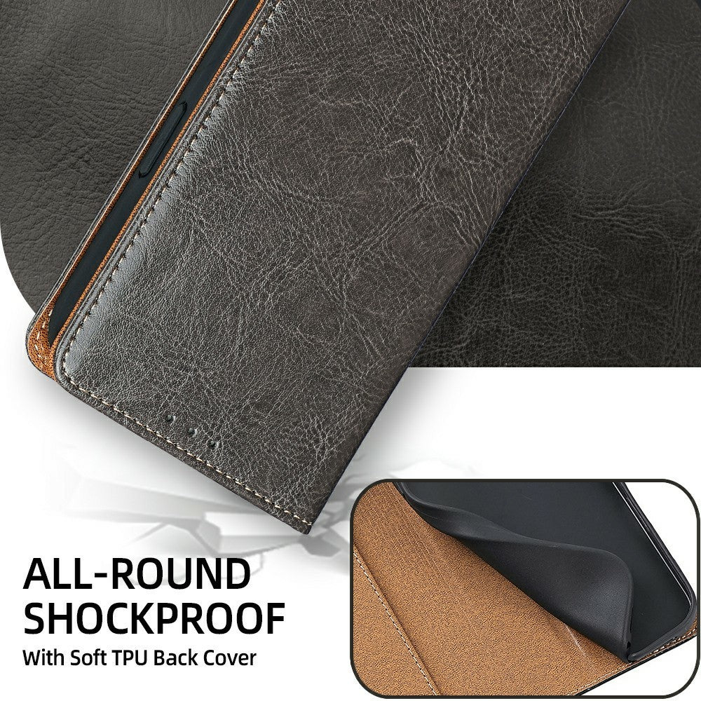 For Xiaomi 17 Pro Max Case Genuine Cow Leather Stand Mobile Phone Cover with RFID Blocking Wallet - Grey