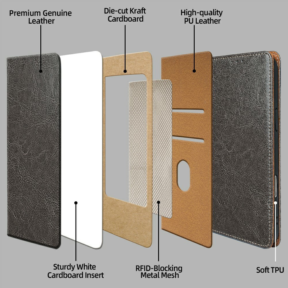 For Xiaomi 17 Pro Max Case Genuine Cow Leather Stand Mobile Phone Cover with RFID Blocking Wallet - Grey