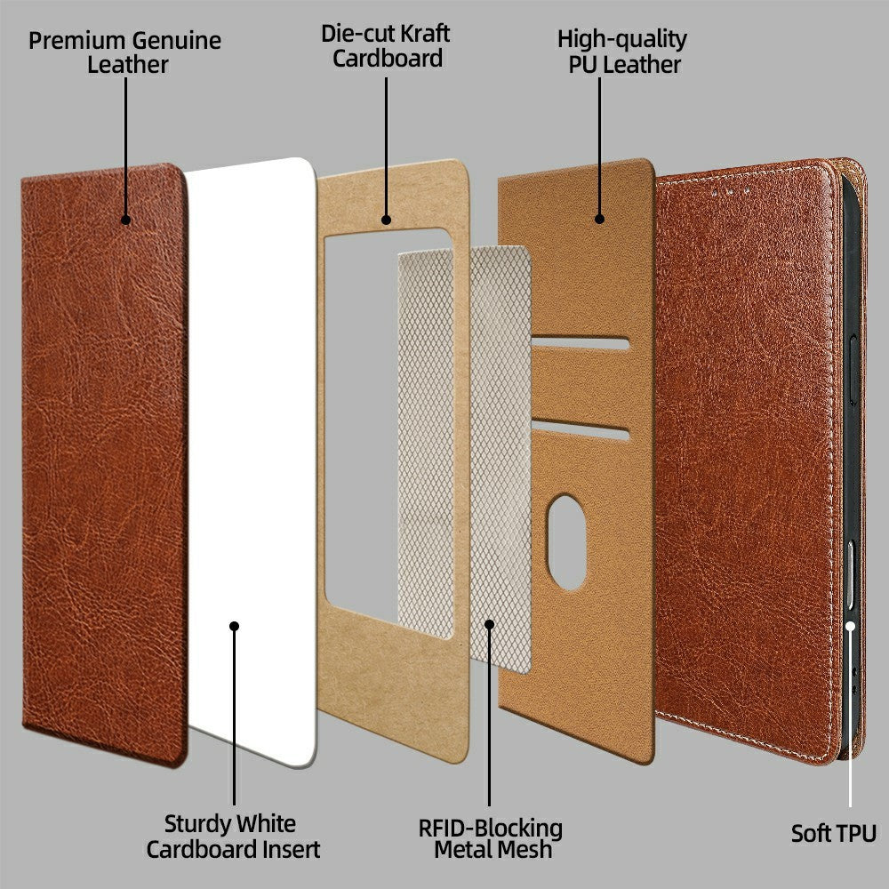 For Xiaomi 17 Pro Max Case Genuine Cow Leather Stand Mobile Phone Cover with RFID Blocking Wallet - Light Brown