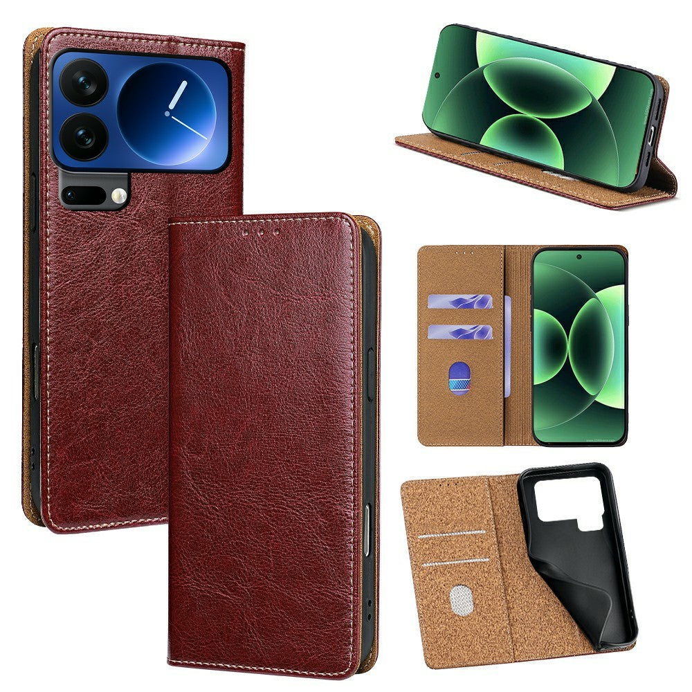 For Xiaomi 17 Pro Max Case Genuine Cow Leather Stand Mobile Phone Cover with RFID Blocking Wallet - Red