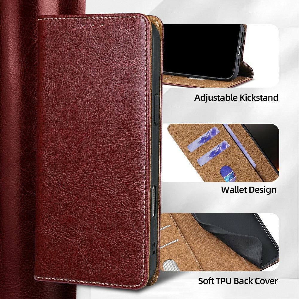 For Xiaomi 17 Pro Max Case Genuine Cow Leather Stand Mobile Phone Cover with RFID Blocking Wallet - Red
