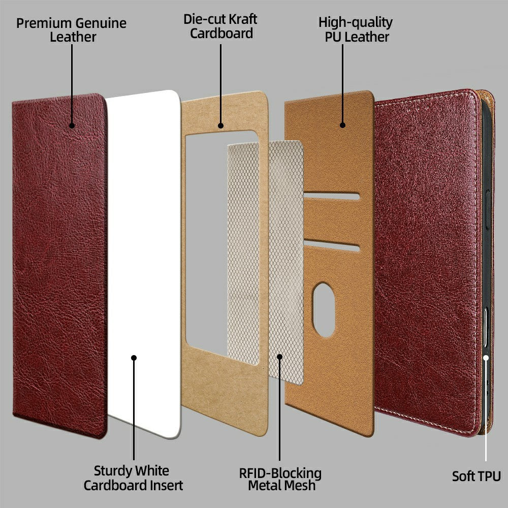 For Xiaomi 17 Pro Max Case Genuine Cow Leather Stand Mobile Phone Cover with RFID Blocking Wallet - Red