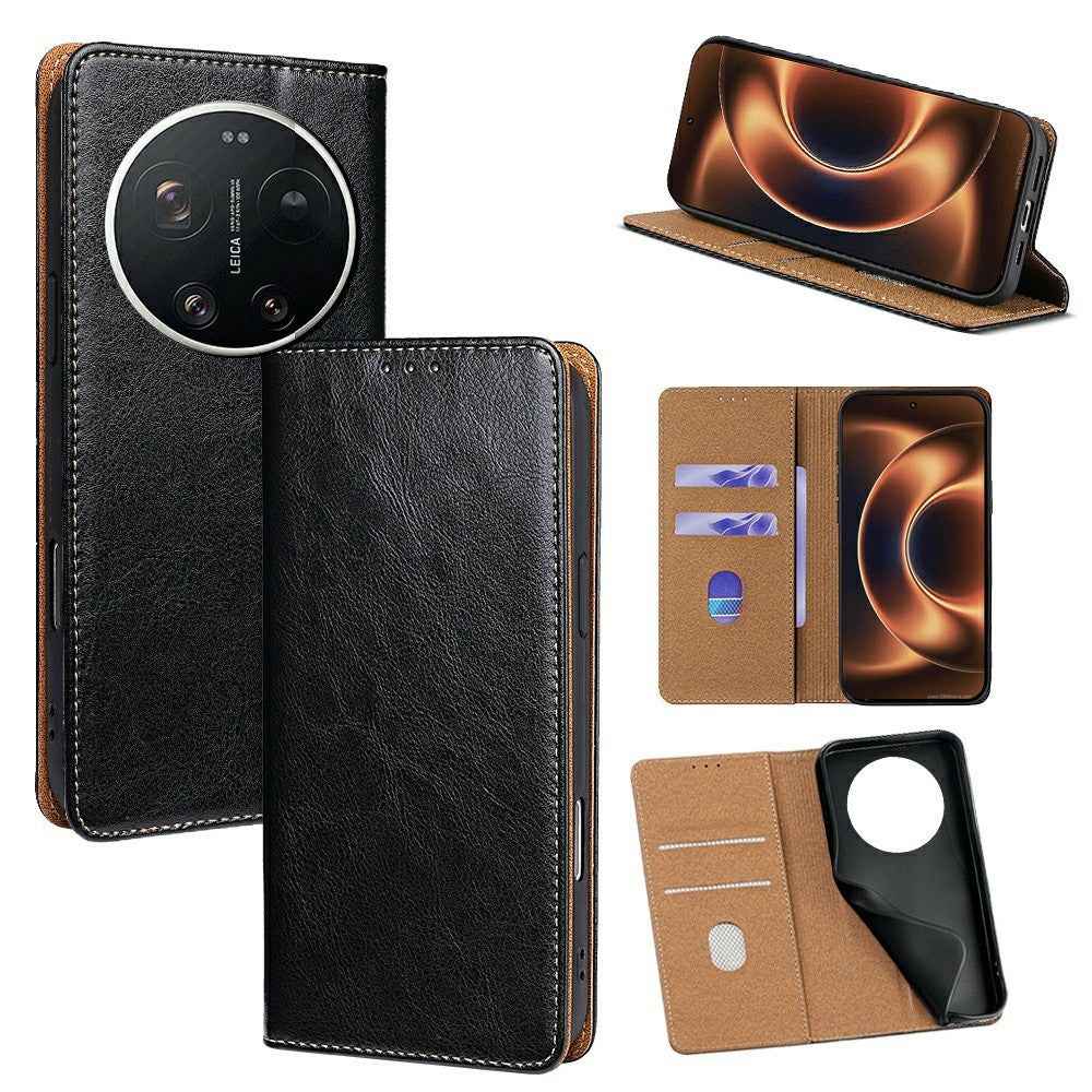 For Xiaomi 17 Ultra 5G Case Genuine Cow Leather Stand Mobile Phone Cover with RFID Blocking Wallet - Black