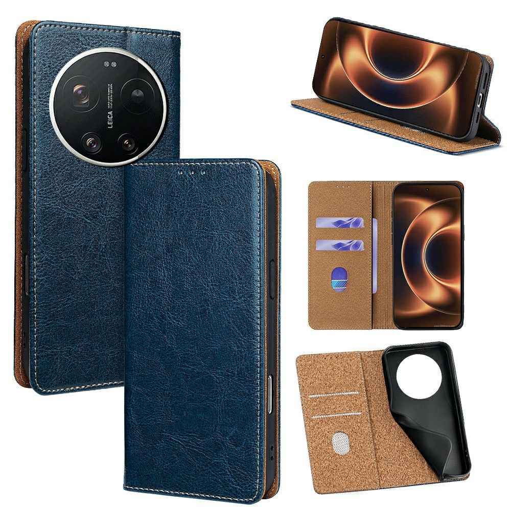 For Xiaomi 17 Ultra 5G Case Genuine Cow Leather Stand Mobile Phone Cover with RFID Blocking Wallet - Blue