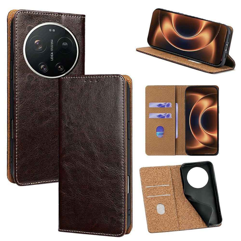 For Xiaomi 17 Ultra 5G Case Genuine Cow Leather Stand Mobile Phone Cover with RFID Blocking Wallet - Dark Brown