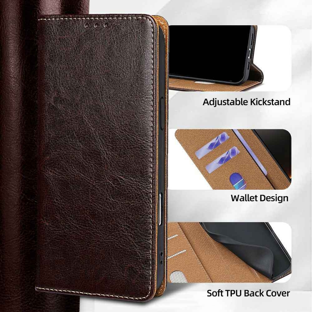 For Xiaomi 17 Ultra 5G Case Genuine Cow Leather Stand Mobile Phone Cover with RFID Blocking Wallet - Dark Brown