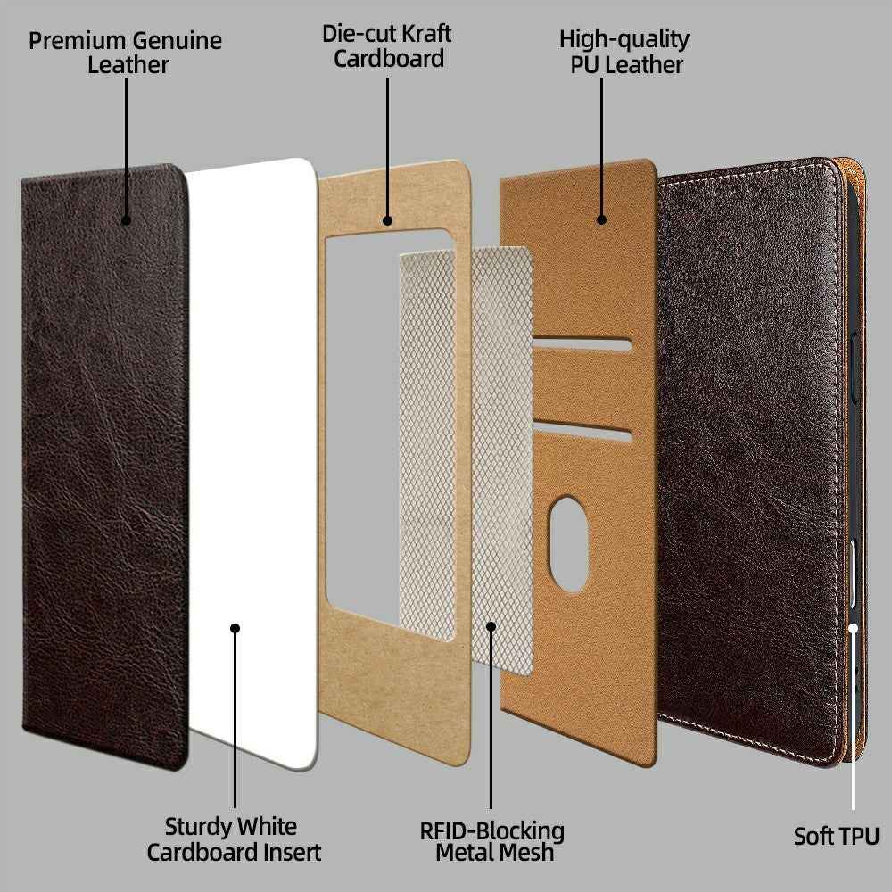 For Xiaomi 17 Ultra 5G Case Genuine Cow Leather Stand Mobile Phone Cover with RFID Blocking Wallet - Dark Brown