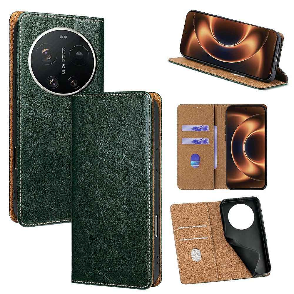 For Xiaomi 17 Ultra 5G Case Genuine Cow Leather Stand Mobile Phone Cover with RFID Blocking Wallet - Green