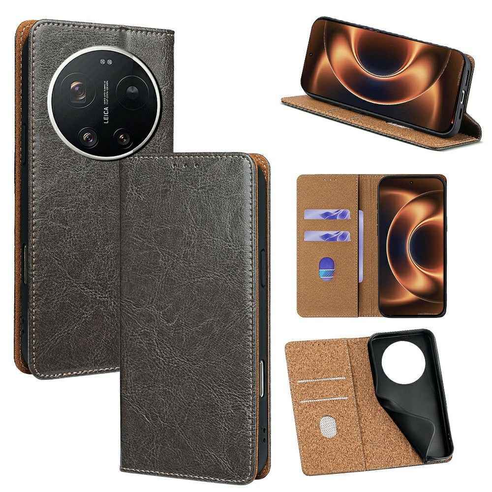 For Xiaomi 17 Ultra 5G Case Genuine Cow Leather Stand Mobile Phone Cover with RFID Blocking Wallet - Grey