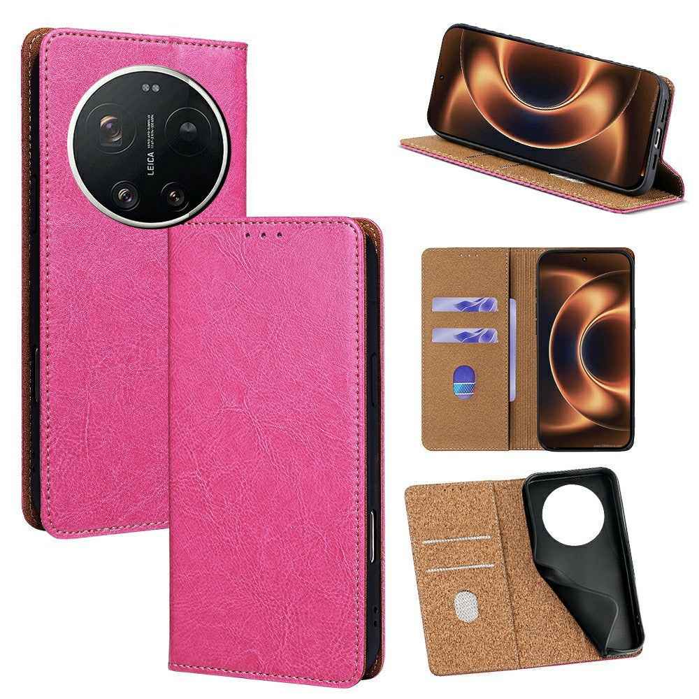 For Xiaomi 17 Ultra 5G Case Genuine Cow Leather Stand Mobile Phone Cover with RFID Blocking Wallet - Rose
