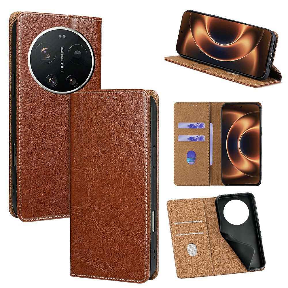 For Xiaomi 17 Ultra 5G Case Genuine Cow Leather Stand Mobile Phone Cover with RFID Blocking Wallet - Light Brown
