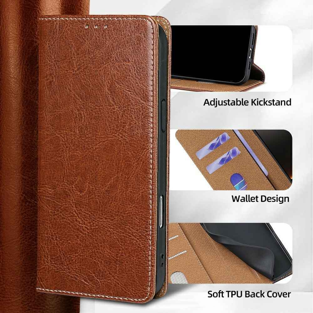 For Xiaomi 17 Ultra 5G Case Genuine Cow Leather Stand Mobile Phone Cover with RFID Blocking Wallet - Light Brown