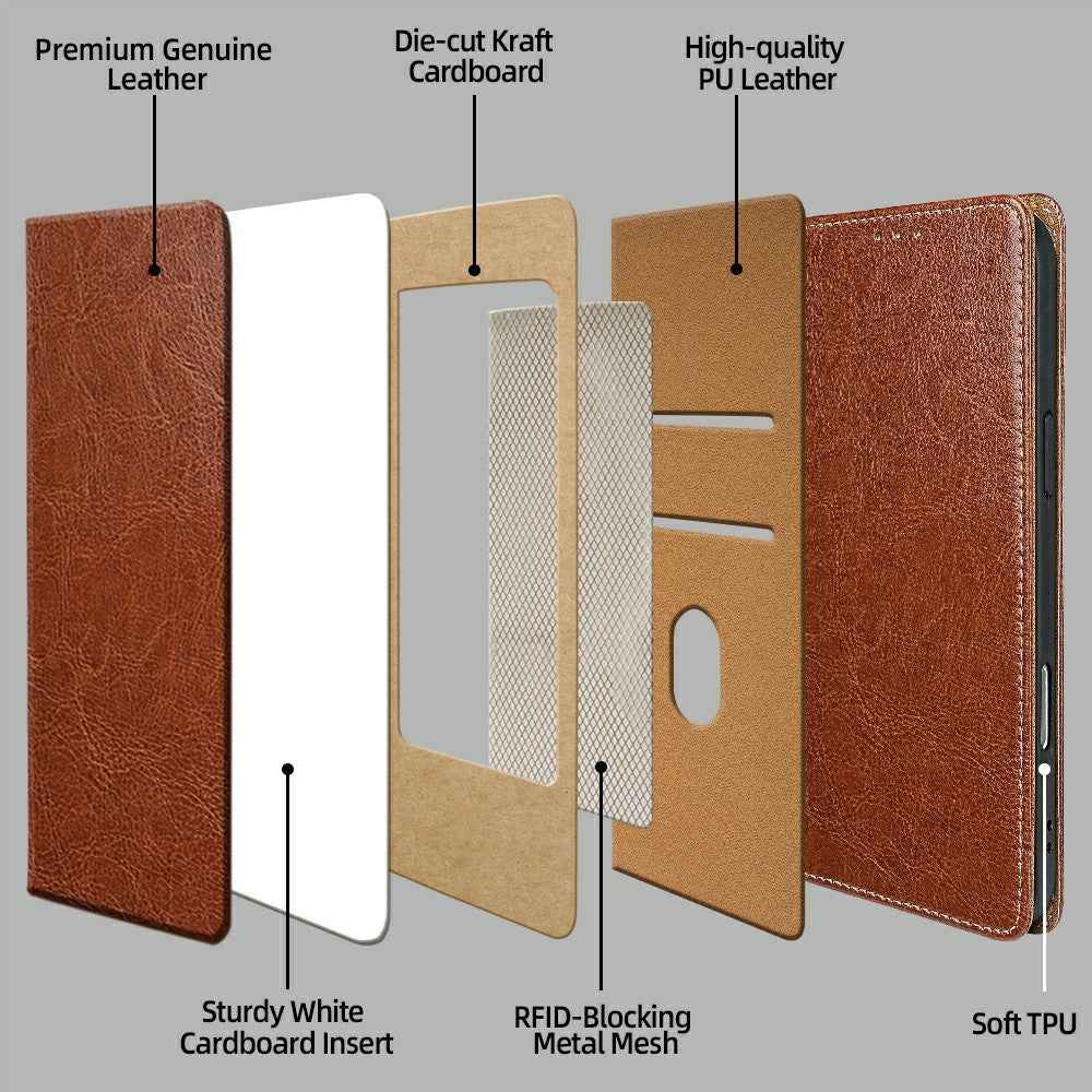 For Xiaomi 17 Ultra 5G Case Genuine Cow Leather Stand Mobile Phone Cover with RFID Blocking Wallet - Light Brown