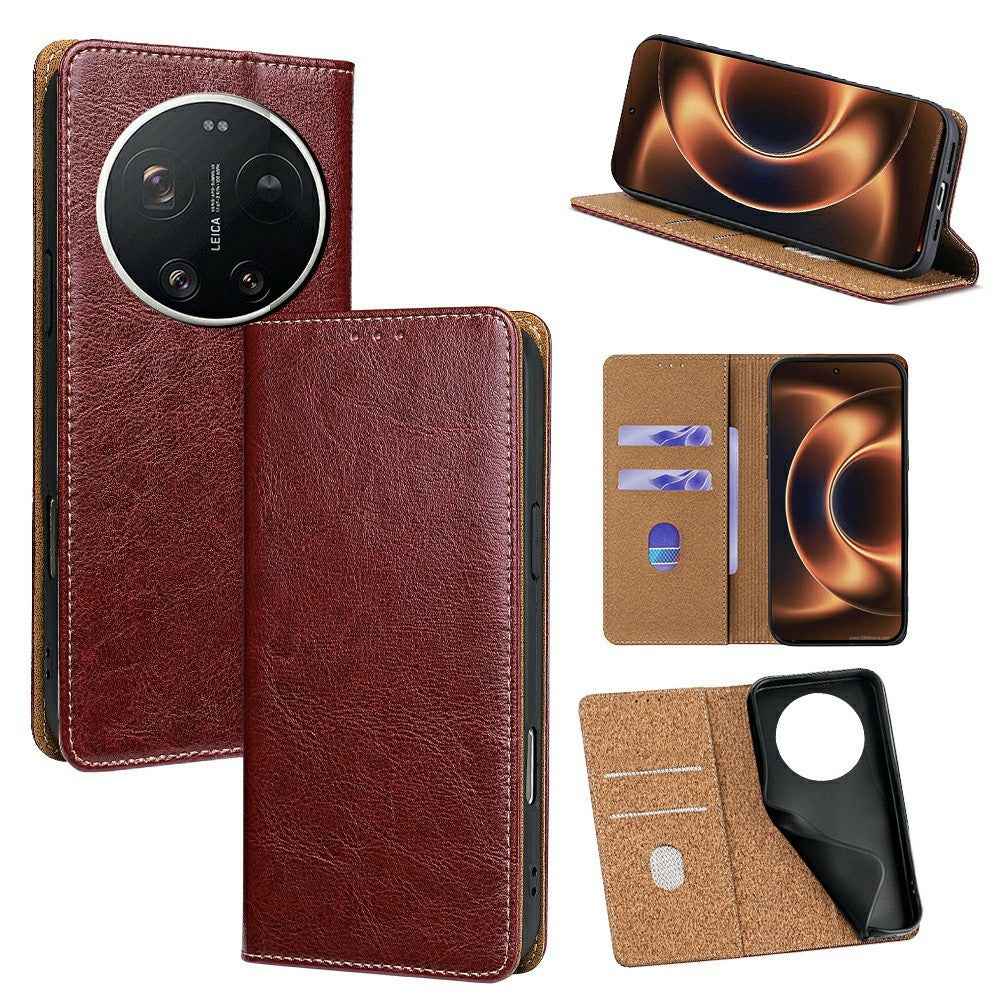 For Xiaomi 17 Ultra 5G Case Genuine Cow Leather Stand Mobile Phone Cover with RFID Blocking Wallet - Red
