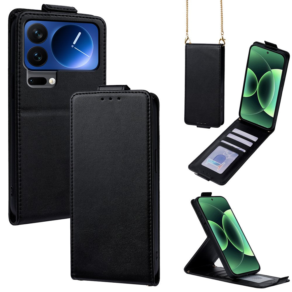 For Xiaomi 17 Pro Max Case Card Holder Vertical Flip Leather Phone Cover with Crossbody Shoulder Strap - Black