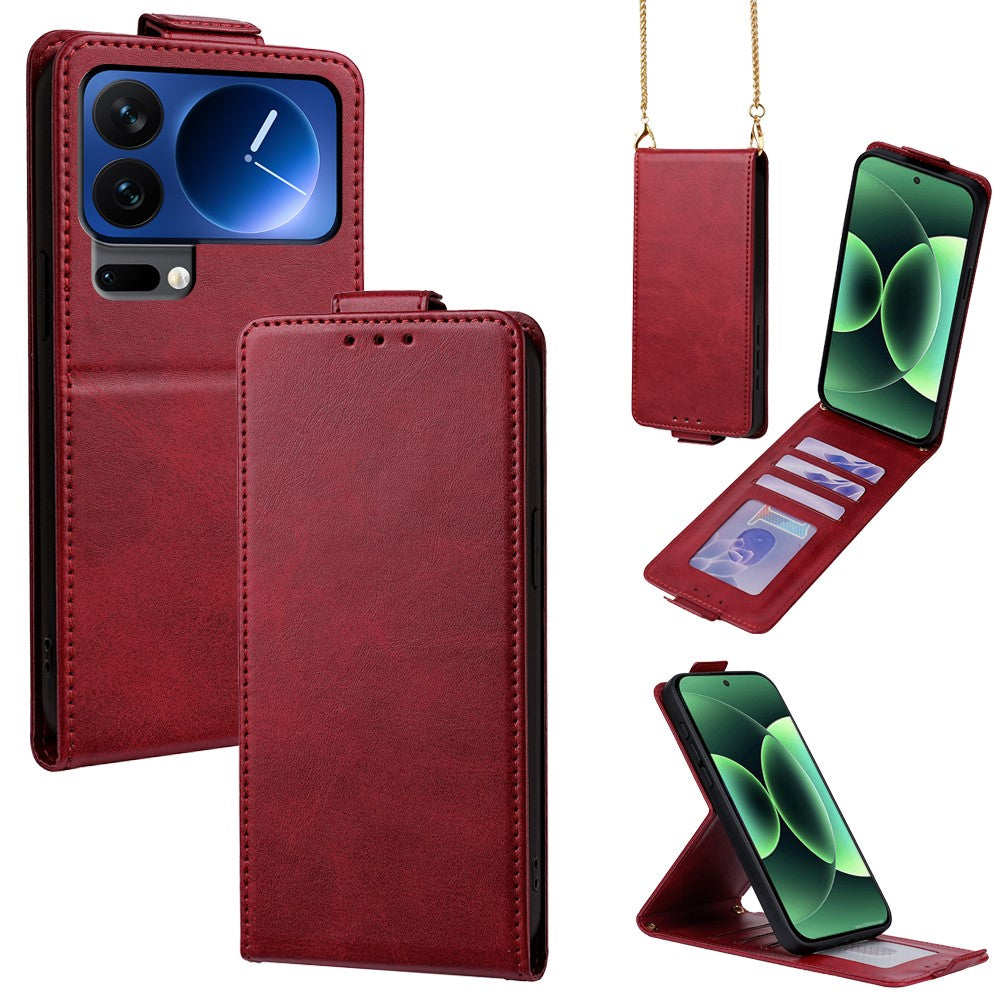 For Xiaomi 17 Pro Max Case Card Holder Vertical Flip Leather Phone Cover with Crossbody Shoulder Strap - Red